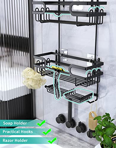 HapiRm Hanging Shower Caddy with Two Soap Holders, Rustproof & Waterproof Shower Shelf over Shower Head with 12 Hooks, No Drilling Shower Organizer for Bathroom - Black