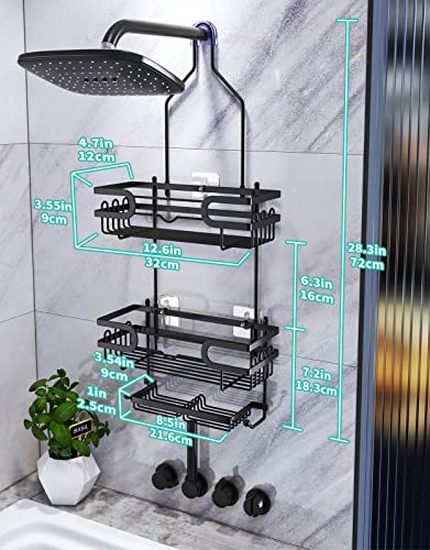 HapiRm Hanging Shower Caddy with Two Soap Holders, Rustproof & Waterproof Shower Shelf over Shower Head with 12 Hooks, No Drilling Shower Organizer for Bathroom - Black