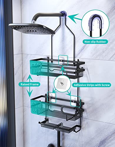 HapiRm Hanging Shower Caddy with Two Soap Holders, Rustproof & Waterproof Shower Shelf over Shower Head with 12 Hooks, No Drilling Shower Organizer for Bathroom - Black