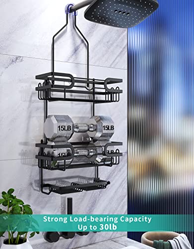 HapiRm Hanging Shower Caddy with Two Soap Holders, Rustproof & Waterproof Shower Shelf over Shower Head with 12 Hooks, No Drilling Shower Organizer for Bathroom - Black