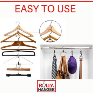 Closet Organization Bundle featuring 1 Multipurpose Rolly Hangers and 12 Hook hanger Connectors. This unbeatable combination is designed to solve your closet space limitations by creating space-saving
