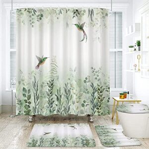 4 pcs shower curtain sets with rugs sage green leaves eucalyptus hummingbird bird white green leaf botanical plant floral durable shower curtain sets with 12 hooks shower curtain for bathroom set