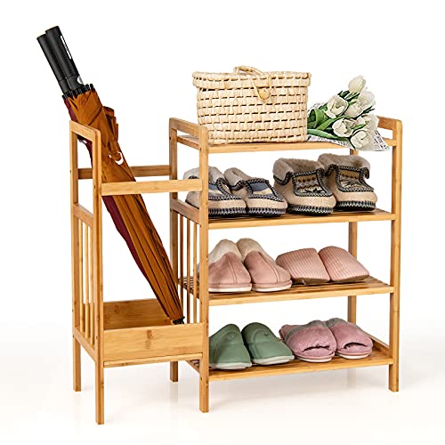 Giantex 4-Tier Bamboo Shoe Rack, Multifunctional Storage Stand, Entryway Organizer w/ Umbrella Holder & Storage Shelves, Ample Storage Space, Freestanding Shoe Shelf for Living Room, Hallway