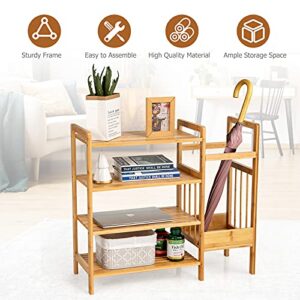 Giantex 4-Tier Bamboo Shoe Rack, Multifunctional Storage Stand, Entryway Organizer w/ Umbrella Holder & Storage Shelves, Ample Storage Space, Freestanding Shoe Shelf for Living Room, Hallway