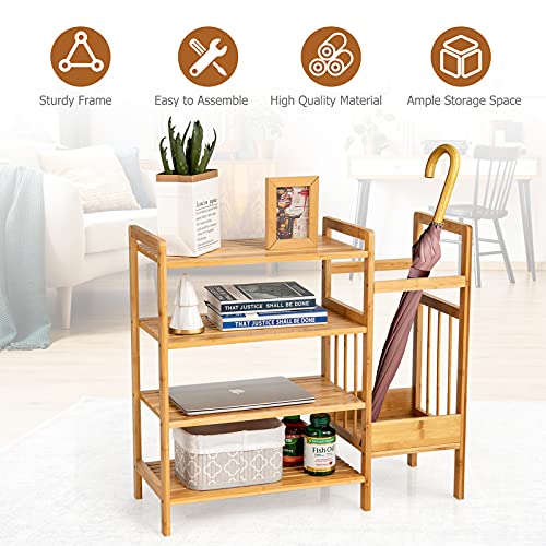 Giantex 4-Tier Bamboo Shoe Rack, Multifunctional Storage Stand, Entryway Organizer w/ Umbrella Holder & Storage Shelves, Ample Storage Space, Freestanding Shoe Shelf for Living Room, Hallway