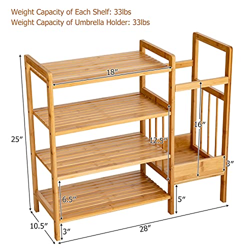 Giantex 4-Tier Bamboo Shoe Rack, Multifunctional Storage Stand, Entryway Organizer w/ Umbrella Holder & Storage Shelves, Ample Storage Space, Freestanding Shoe Shelf for Living Room, Hallway