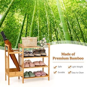 Giantex 4-Tier Bamboo Shoe Rack, Multifunctional Storage Stand, Entryway Organizer w/ Umbrella Holder & Storage Shelves, Ample Storage Space, Freestanding Shoe Shelf for Living Room, Hallway