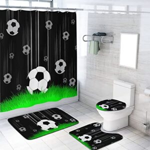 Soccer Shower Curtain Set Cartoon Black and White Football Shower Curtain Set with Rugs, Toilet Lid Cover and Bath Mat, 70.8×70.8