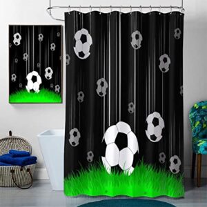 Soccer Shower Curtain Set Cartoon Black and White Football Shower Curtain Set with Rugs, Toilet Lid Cover and Bath Mat, 70.8×70.8