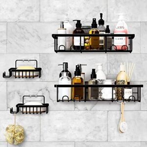 hnrloy shower caddy organizer,4pack bathroom shower shelf rack for wall mount bath shower storage with 2 soap dish holder,self adhesive stainless steel black shower shelves accessories