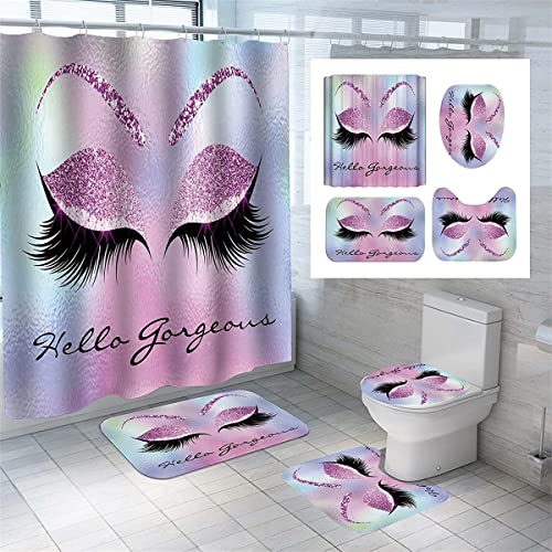 Aoruisen 4PCS Bling Eyelashes Shower Curtains with Rugs Bath Mat Toilet Lid Cover and 12 Hooks Waterproof Glittering Eyes Bathroom Shower Curtain Set(Purple)