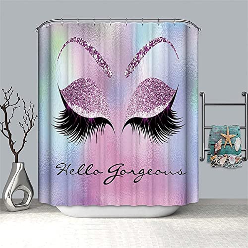 Aoruisen 4PCS Bling Eyelashes Shower Curtains with Rugs Bath Mat Toilet Lid Cover and 12 Hooks Waterproof Glittering Eyes Bathroom Shower Curtain Set(Purple)