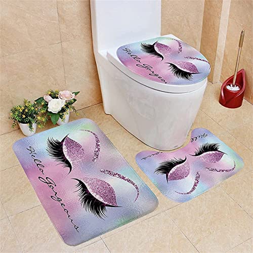 Aoruisen 4PCS Bling Eyelashes Shower Curtains with Rugs Bath Mat Toilet Lid Cover and 12 Hooks Waterproof Glittering Eyes Bathroom Shower Curtain Set(Purple)