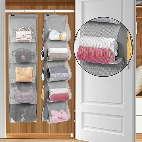 ANZORG 1 Pcs Dual Sided Hanging Handbags Organizer Closet Shoe Holder with 10 Large Pockets Storage for Towel Scarf Clothes (MESH)