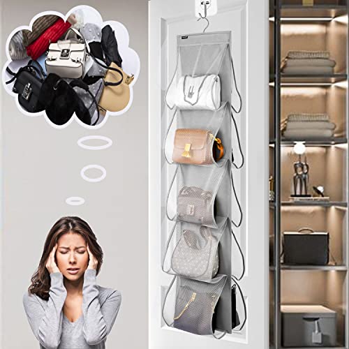 ANZORG 1 Pcs Dual Sided Hanging Handbags Organizer Closet Shoe Holder with 10 Large Pockets Storage for Towel Scarf Clothes (MESH)