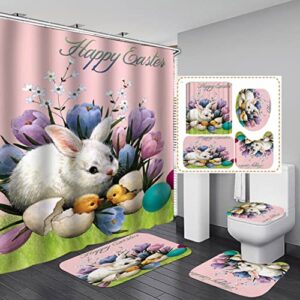 jlong 4 pcs easter shower curtain set with non-slip rugs, toilet lid cover and bath mat, funny rabbit happy easter colorful eggs decoration waterproof fabric shower curtain for bathroom with 12 hooks