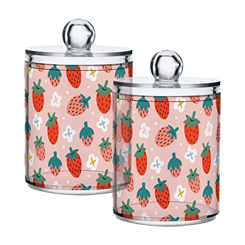 Kigai 2 Pack Apothecary Jars Cute Strawberry Qtip Holder Organizer Clear Airtight Container for Cotton Swabs Food Storage 14oz Plastic Jars with Lids