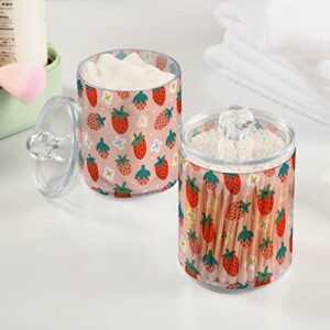 Kigai 2 Pack Apothecary Jars Cute Strawberry Qtip Holder Organizer Clear Airtight Container for Cotton Swabs Food Storage 14oz Plastic Jars with Lids