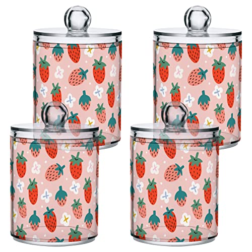 Kigai 2 Pack Apothecary Jars Cute Strawberry Qtip Holder Organizer Clear Airtight Container for Cotton Swabs Food Storage 14oz Plastic Jars with Lids