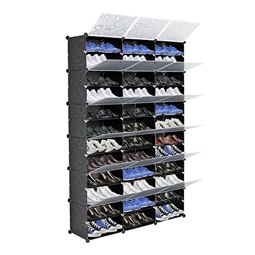 Expandable Shoe Storage Cabinet - 12 Tier Portable Closet Organizer with 72 Pair Capacity 36 Grids Tower Rack Shelf for Heels Boots Slippers - Black