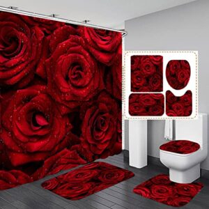 4pcs red roses bathroom sets with shower curtains and rugs for women romantic red roses shower curtains with nonslip rugs and soft bath mat toilet seat cover for valentines’ day gifts