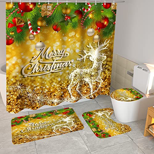 Casdseci 4Pcs Golden Christmas Shower Curtains Set with Non-Slip Rugs, Toilet Lid Cover and Bath Mat, Lucky Glowing Elk Waterproof Bathroom Curtain with 12 Hooks 72 x 72 Inch