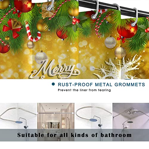 Casdseci 4Pcs Golden Christmas Shower Curtains Set with Non-Slip Rugs, Toilet Lid Cover and Bath Mat, Lucky Glowing Elk Waterproof Bathroom Curtain with 12 Hooks 72 x 72 Inch