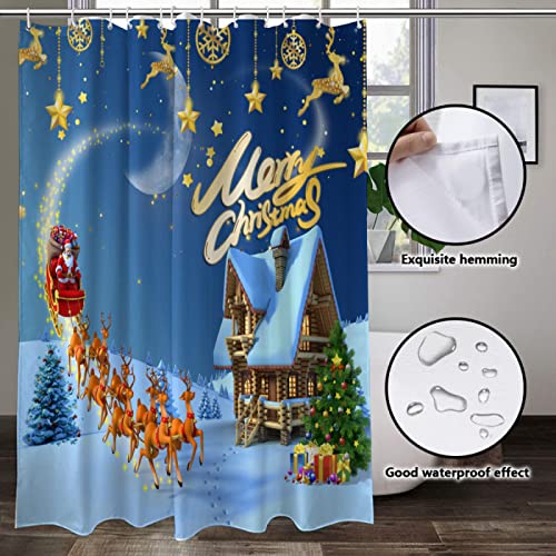 Casdseci 4Pcs Golden Christmas Shower Curtains Set with Non-Slip Rugs, Toilet Lid Cover and Bath Mat, Lucky Glowing Elk Waterproof Bathroom Curtain with 12 Hooks 72 x 72 Inch