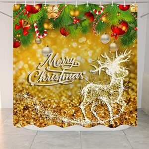 Casdseci 4Pcs Golden Christmas Shower Curtains Set with Non-Slip Rugs, Toilet Lid Cover and Bath Mat, Lucky Glowing Elk Waterproof Bathroom Curtain with 12 Hooks 72 x 72 Inch