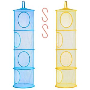 woteer foldable hanging storage mesh space saver bags organizer,suspension storage 3 or 4 compartments hanging stuffed animal storage for kids,2pack (4 tier-blue and yellow)