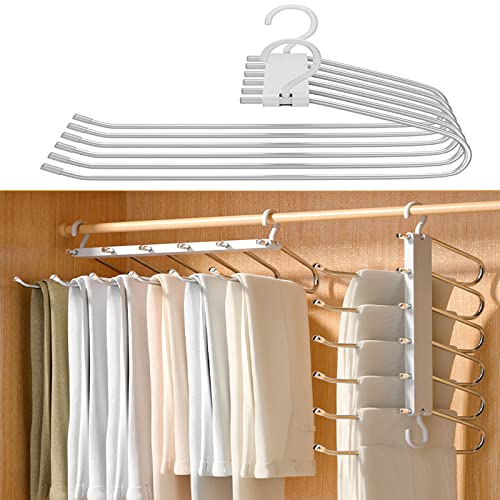 Pants Hangers Space Saving-6 in 1 Stainless Steel Magic Pants Hangers Pants Organizer-Non-Slip Closet Storage Organizer for Skirts Jeans Scarves Belts Towels Ties Leggings（1 Pack）.