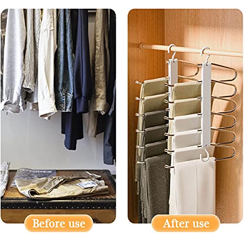 Pants Hangers Space Saving-6 in 1 Stainless Steel Magic Pants Hangers Pants Organizer-Non-Slip Closet Storage Organizer for Skirts Jeans Scarves Belts Towels Ties Leggings（1 Pack）.