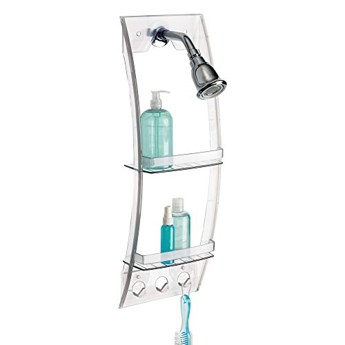 iDesign Plastic Grand Arc Bathroom Suction Shower Caddy for Shampoo, Conditioner, and Soap with Hooks for Razors, Towels, Loofahs, 4.1" x 9" x 28.7", Clear