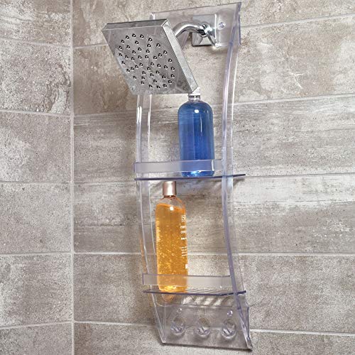 iDesign Plastic Grand Arc Bathroom Suction Shower Caddy for Shampoo, Conditioner, and Soap with Hooks for Razors, Towels, Loofahs, 4.1" x 9" x 28.7", Clear