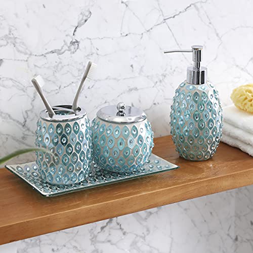 Whole HOUSEWARES | 4-Piece Decorative Glass Bathroom Accessories Set | Soap Dispenser, Toothbrush Holder, Cotton Jar, Vanity Tray | Gift Idea | Light Blue/Green