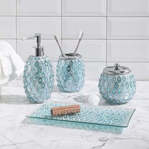 Whole HOUSEWARES | 4-Piece Decorative Glass Bathroom Accessories Set | Soap Dispenser, Toothbrush Holder, Cotton Jar, Vanity Tray | Gift Idea | Light Blue/Green