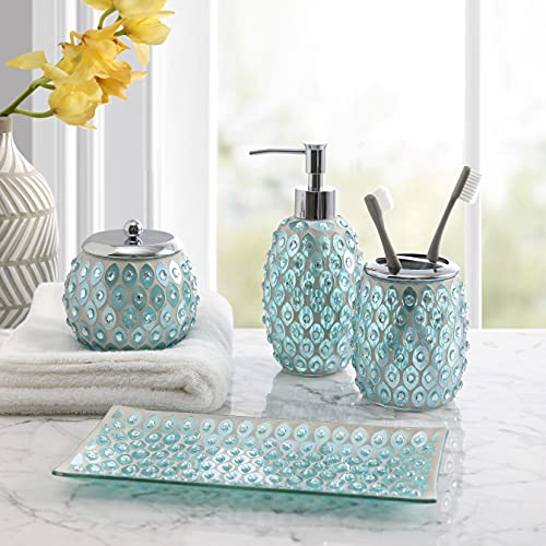 Whole HOUSEWARES | 4-Piece Decorative Glass Bathroom Accessories Set | Soap Dispenser, Toothbrush Holder, Cotton Jar, Vanity Tray | Gift Idea | Light Blue/Green