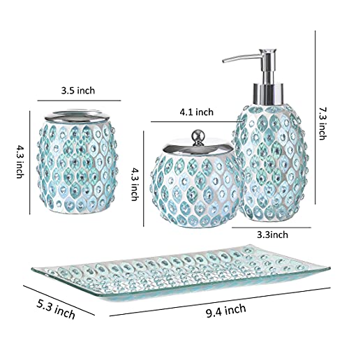 Whole HOUSEWARES | 4-Piece Decorative Glass Bathroom Accessories Set | Soap Dispenser, Toothbrush Holder, Cotton Jar, Vanity Tray | Gift Idea | Light Blue/Green