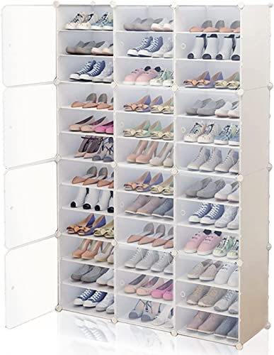 Portable Shoe Rack Organizer 12 Tier DIY Shoe Cabinet, 72 Pair White Plastic Stackable Closet Shoe Box Storage Cabinet for Entryway, Bedroom and Hallway Shoe Cabinet w/Doors