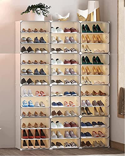 Portable Shoe Rack Organizer 12 Tier DIY Shoe Cabinet, 72 Pair White Plastic Stackable Closet Shoe Box Storage Cabinet for Entryway, Bedroom and Hallway Shoe Cabinet w/Doors