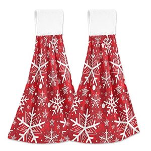 ffyho winter snowflakes hanging kitchen towel with loop 2 pack christmas red hand towels soft microfiber coral velvet tie towel decor for bathroom oven absorbent washcloth