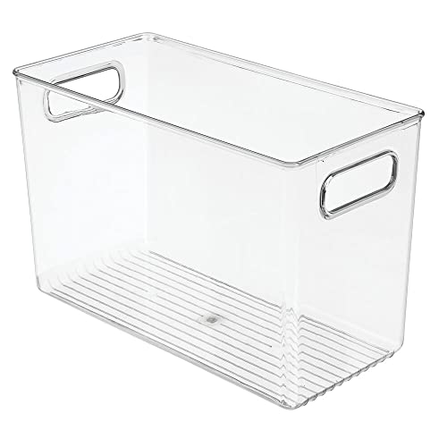 mDesign Large Modern Stackable Plastic Storage Organizer Bin Basket with Handle for Bathroom Vanity Organization - Shelf, Cubby, Cabinet, and Closet Organizing Decor, Ligne Collection - Clear