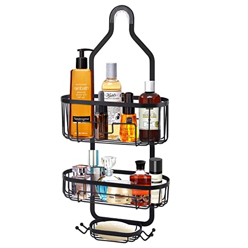 LCOOL Bathroom Hanging Shower Caddy, Over Head Shower Organizer Hanging Basket storage shampoo conditioner soap,with Hooks for Razor and Sponge,Rustproof Stainless Steel (Black)