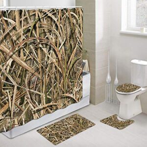 jawo hunting camo shower curtain and bath mat set 69x70 inch, mossy and oak shadow grass blades, countryside rural hunting bathroom mat set with contour toilet mat, mat and toilet lid cover