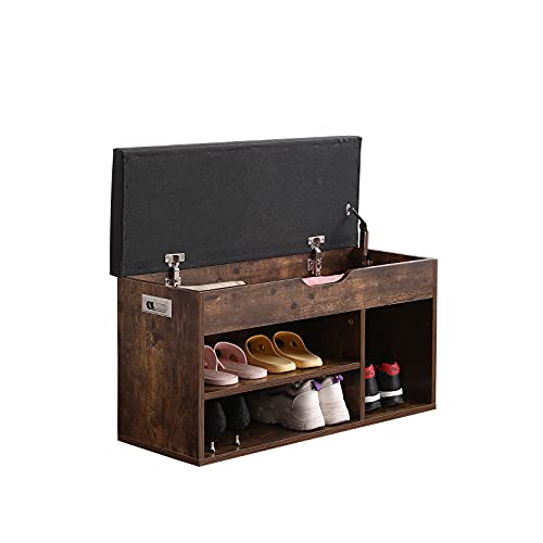 TINSAWOOD Shoe Cabinet Storage Bench with Cushion, 3-Tier Entryway Shoe Rack Open Compartment for Shoes and Boots, Retro Brown