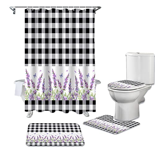 YESOF66 4PCS Bathroom Mat Sets,Purple Lavender with Black White Buffalo Plaid Bathroom Decor Shower Curtain Bath Mat Non-Slip Toilet Seat Cover Bathroom Mat 72x72in&Large Rugs