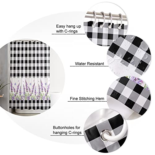 YESOF66 4PCS Bathroom Mat Sets,Purple Lavender with Black White Buffalo Plaid Bathroom Decor Shower Curtain Bath Mat Non-Slip Toilet Seat Cover Bathroom Mat 72x72in&Large Rugs