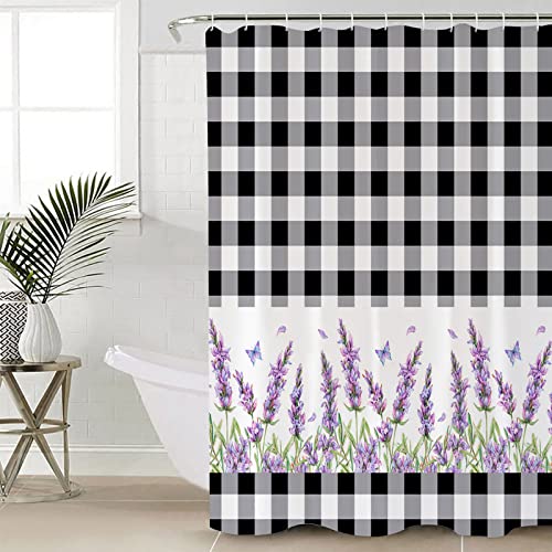 YESOF66 4PCS Bathroom Mat Sets,Purple Lavender with Black White Buffalo Plaid Bathroom Decor Shower Curtain Bath Mat Non-Slip Toilet Seat Cover Bathroom Mat 72x72in&Large Rugs