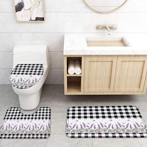 YESOF66 4PCS Bathroom Mat Sets,Purple Lavender with Black White Buffalo Plaid Bathroom Decor Shower Curtain Bath Mat Non-Slip Toilet Seat Cover Bathroom Mat 72x72in&Large Rugs