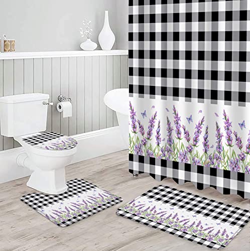 YESOF66 4PCS Bathroom Mat Sets,Purple Lavender with Black White Buffalo Plaid Bathroom Decor Shower Curtain Bath Mat Non-Slip Toilet Seat Cover Bathroom Mat 72x72in&Large Rugs